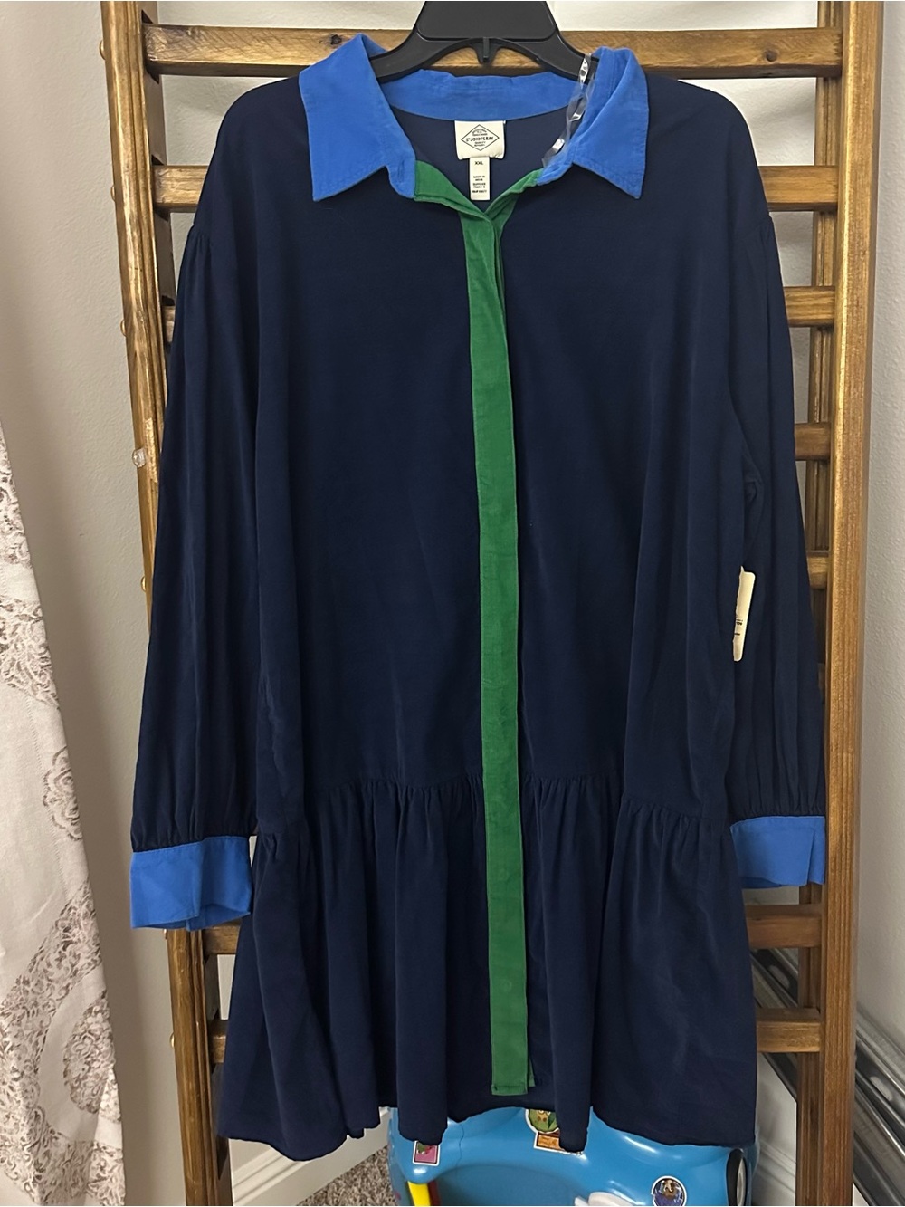 St. John's Bay Navy Long-Sleeve Dress with Blue Collar and Green Front Trim